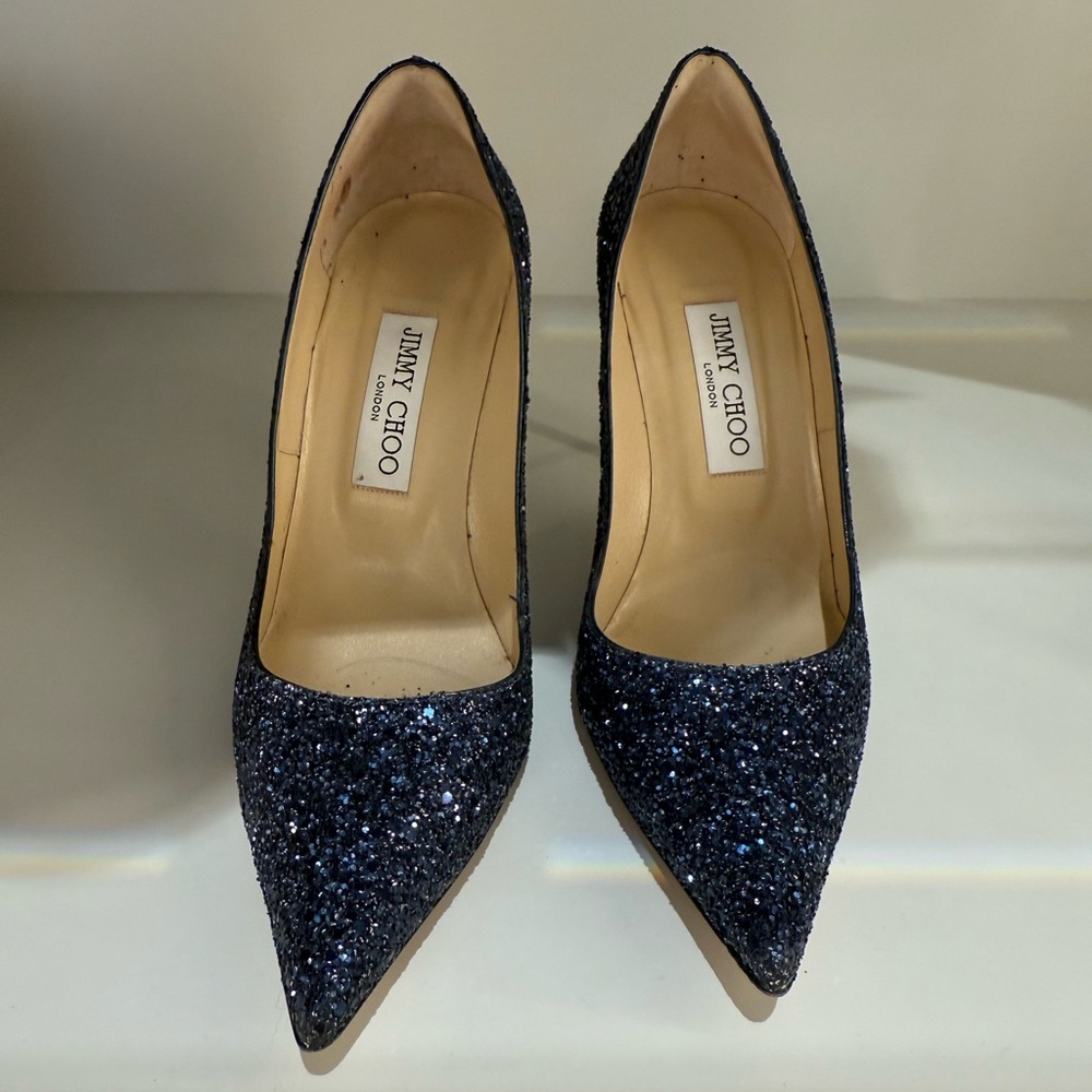 JIMMY CHOO SHOES COARSE GLITTER NAVY SIZE 37 1/2